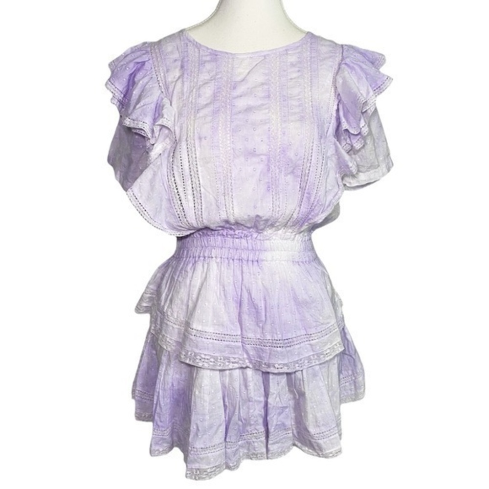 LoveShackFancy Natasha Stripe Cotton Purple Ruffled Tiered Mini Dress